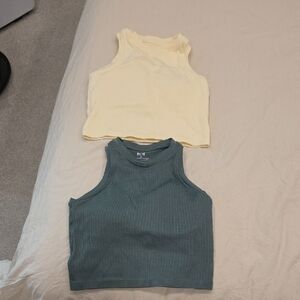 Sleeveless Cream and Teal Ribbed Crop Tops